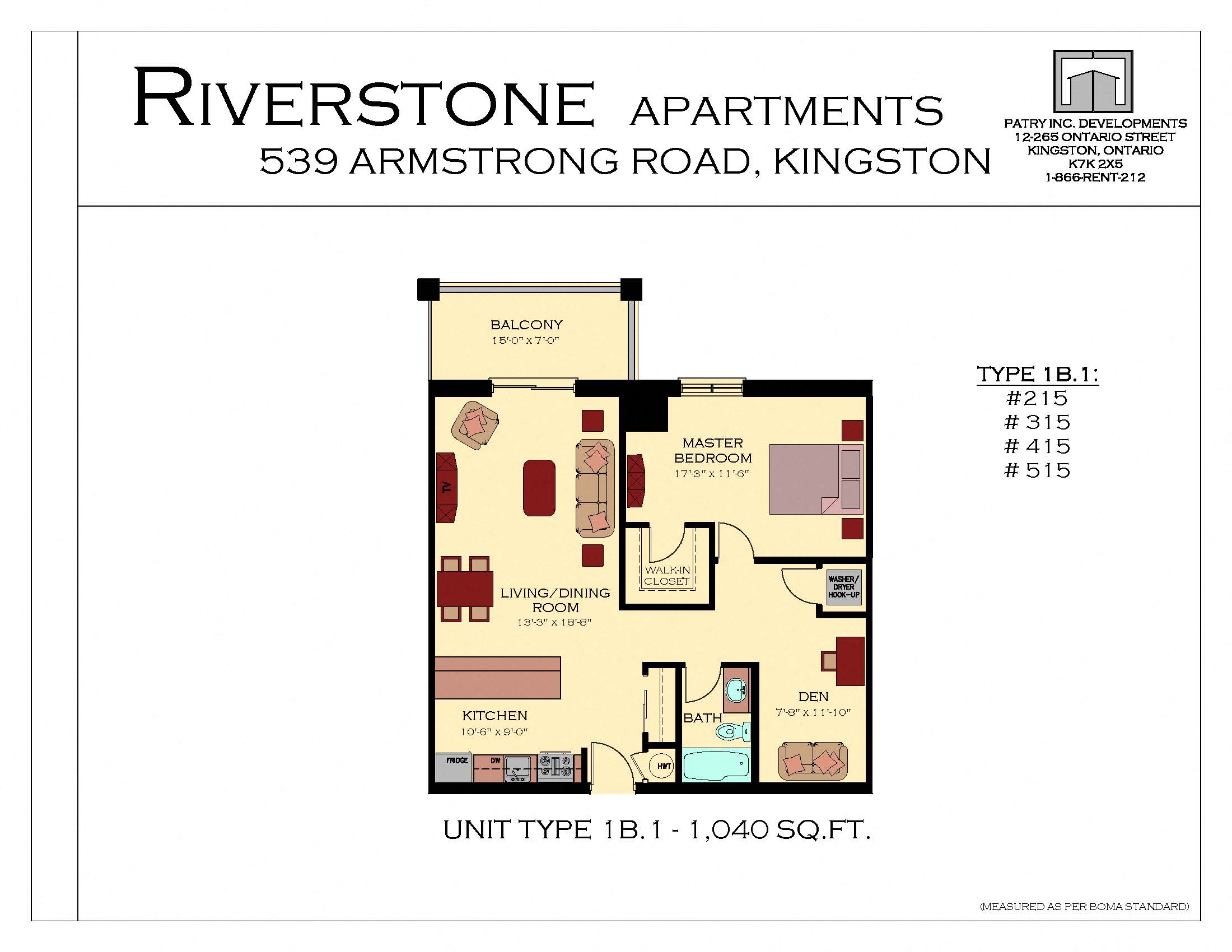Floor plan for 1 bed, 1 bath, 1040 sqft